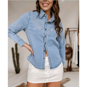 Boot Stitch Embroidered Denim Jacket Cowgirl Boho Metal Buttons Size Small NWOT